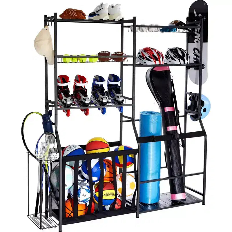 Golf Storage Garage Organizer for 2 Golf Bags with Baskets Hooks and Sports Equipment Shelves