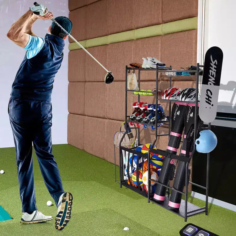 Golf Storage Garage Organizer for 2 Golf Bags with Baskets Hooks and Sports Equipment Shelves