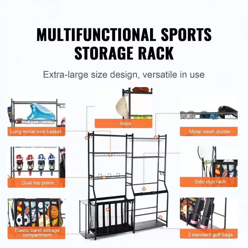 Golf Storage Garage Organizer for 2 Golf Bags with Baskets Hooks and Sports Equipment Shelves