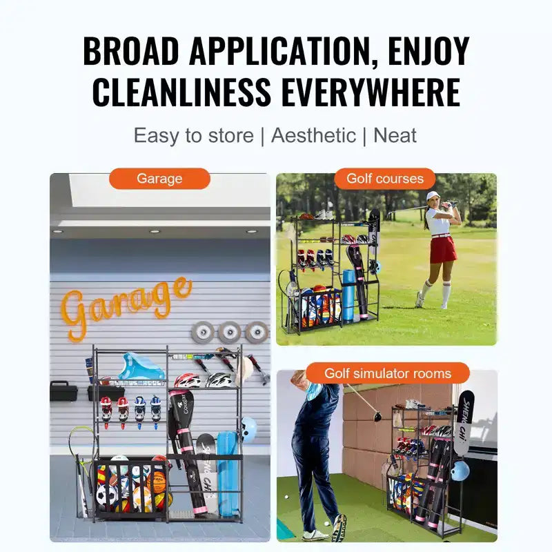 Golf Storage Garage Organizer for 2 Golf Bags with Baskets Hooks and Sports Equipment Shelves
