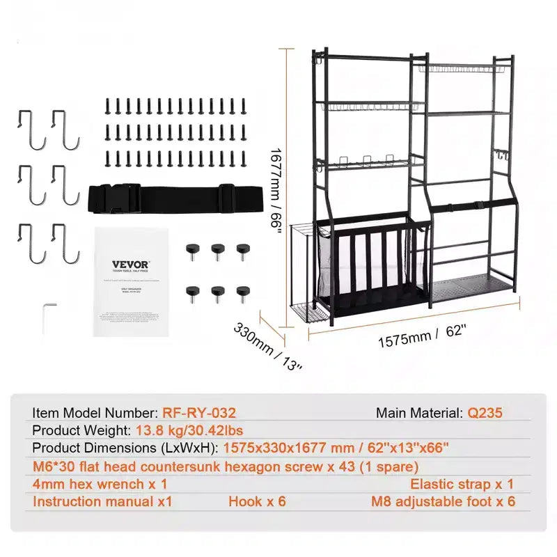 Golf Storage Garage Organizer for 2 Golf Bags with Baskets Hooks and Sports Equipment Shelves