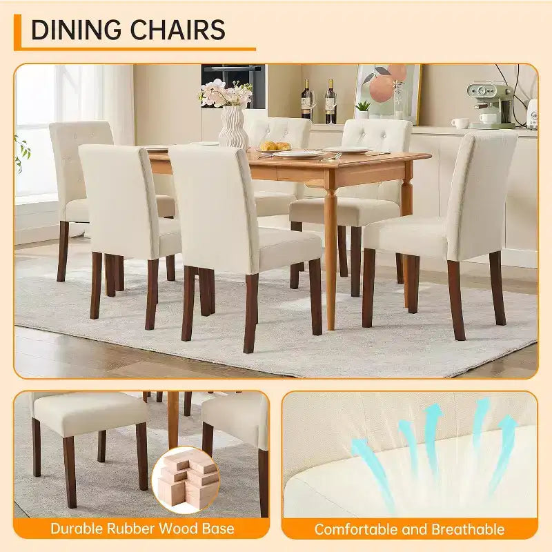 Dining Chairs Set of 4, Button Tufted Parsons Chairs with Wood Legs and Padded Seat, Modern Fabric Side Chairs for Dining Room Kitchen, White
