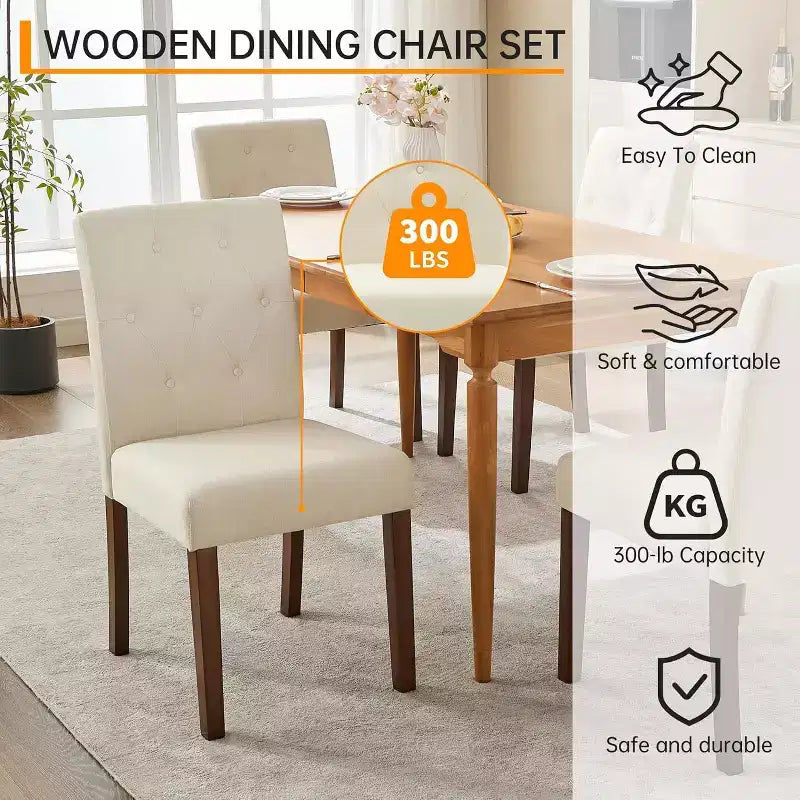 Dining Chairs Set of 4, Button Tufted Parsons Chairs with Wood Legs and Padded Seat, Modern Fabric Side Chairs for Dining Room Kitchen, White