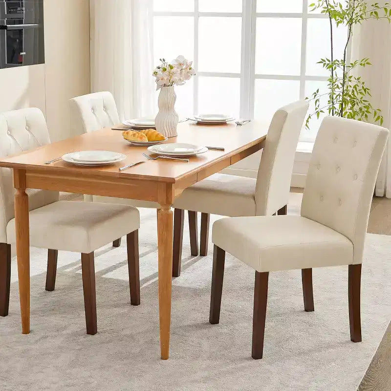 Dining Chairs Set of 4, Button Tufted Parsons Chairs with Wood Legs and Padded Seat, Modern Fabric Side Chairs for Dining Room Kitchen, White