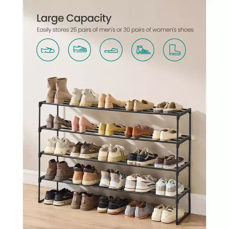 4-Tier Stackable Metal Shoe Rack – Black, Holds 25–30 Pairs