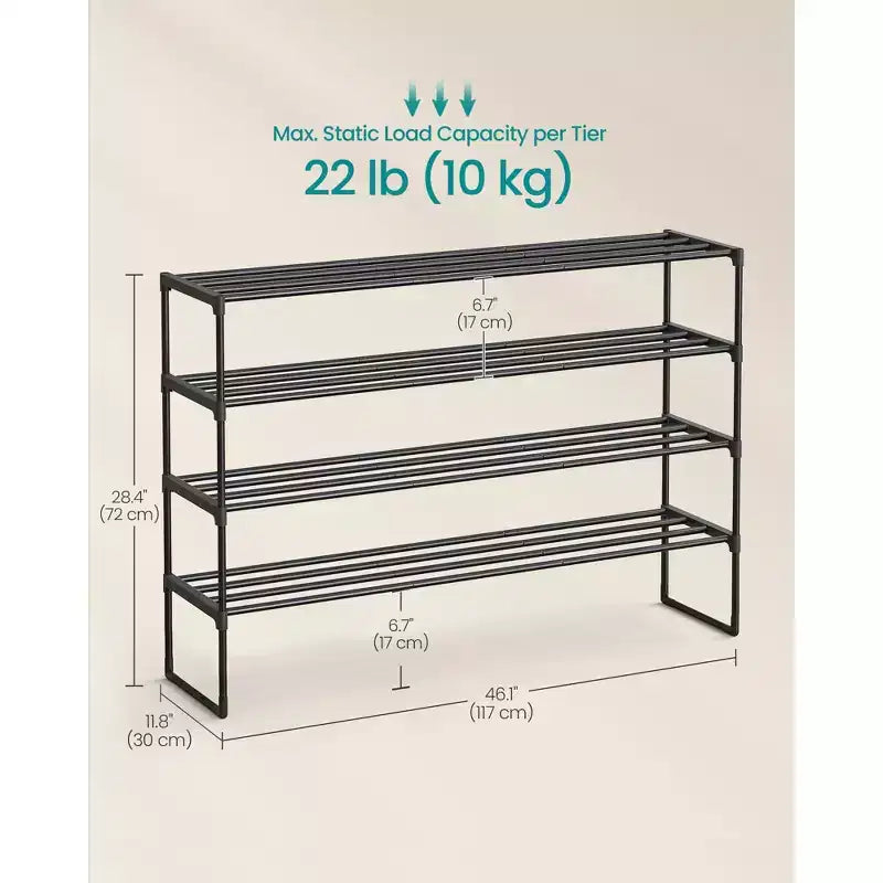 4-Tier Stackable Metal Shoe Rack – Black, Holds 25–30 Pairs