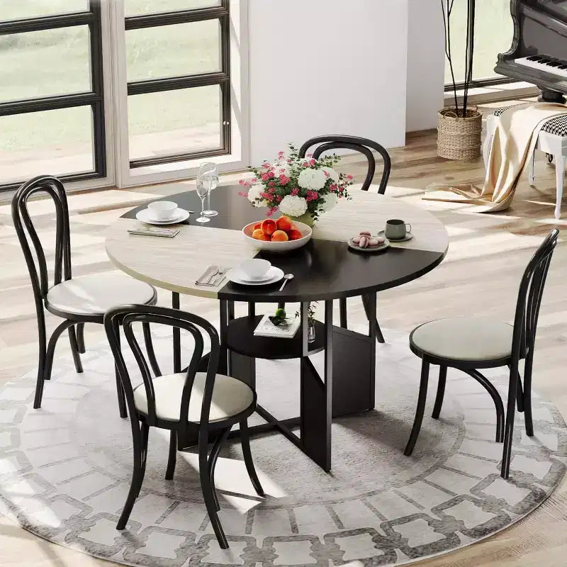 59-Inch Round Farmhouse Dining Table for 46  Wood-Top Kitchen Table with Adjustable Feet, Metal Base, and Wood+Black Finish, Ideal for Dining Room