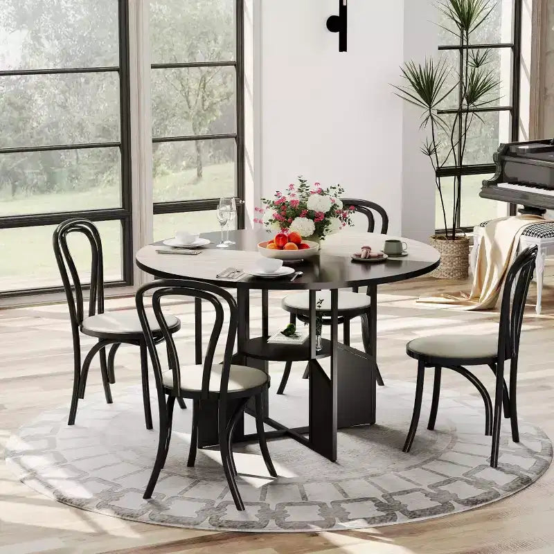59-Inch Round Farmhouse Dining Table for 46  Wood-Top Kitchen Table with Adjustable Feet, Metal Base, and Wood+Black Finish, Ideal for Dining Room