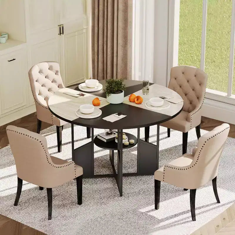 59-Inch Round Farmhouse Dining Table for 46  Wood-Top Kitchen Table with Adjustable Feet, Metal Base, and Wood+Black Finish, Ideal for Dining Room
