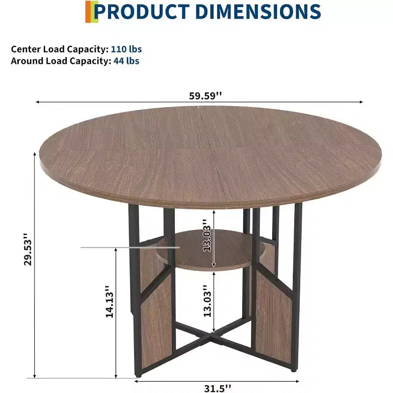 59-Inch Round Farmhouse Dining Table for 46  Wood-Top Kitchen Table with Adjustable Feet, Metal Base, and Wood+Black Finish, Ideal for Dining Room