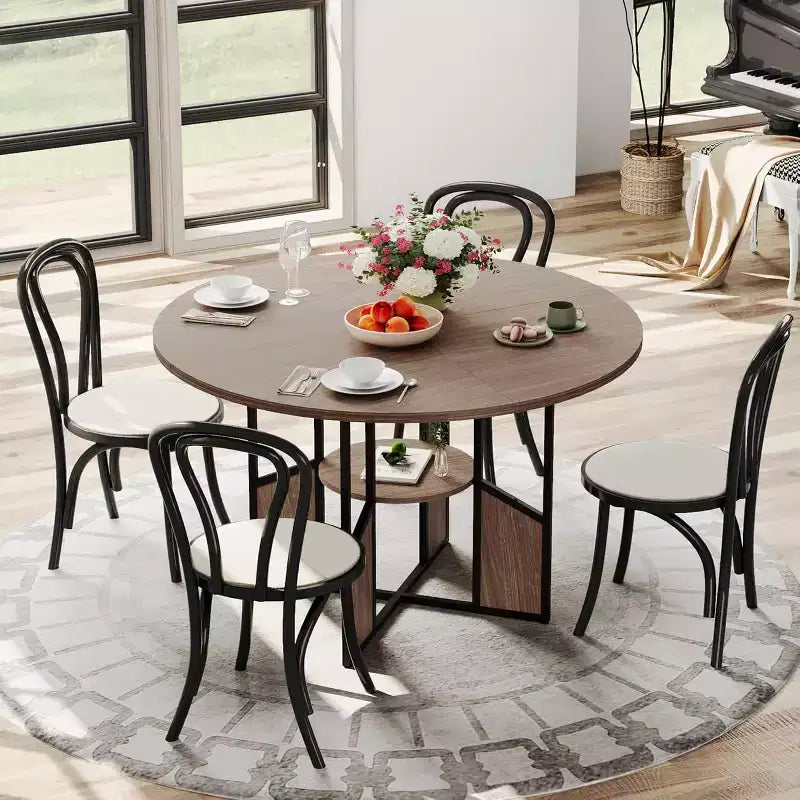 59-Inch Round Farmhouse Dining Table for 46  Wood-Top Kitchen Table with Adjustable Feet, Metal Base, and Wood+Black Finish, Ideal for Dining Room