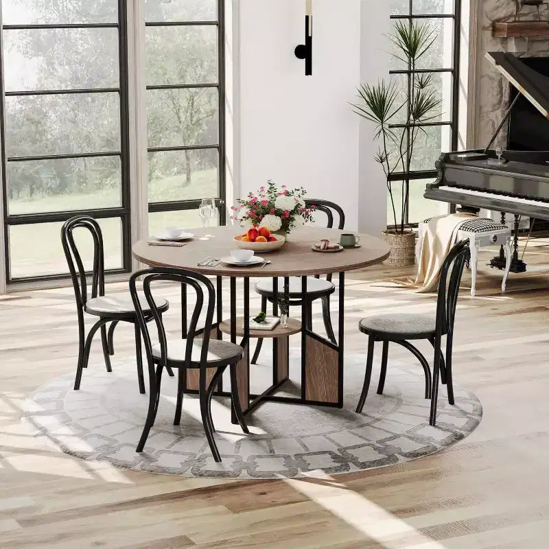 59-Inch Round Farmhouse Dining Table for 46  Wood-Top Kitchen Table with Adjustable Feet, Metal Base, and Wood+Black Finish, Ideal for Dining Room