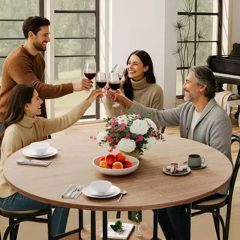 59-Inch Round Farmhouse Dining Table for 46  Wood-Top Kitchen Table with Adjustable Feet, Metal Base, and Wood+Black Finish, Ideal for Dining Room
