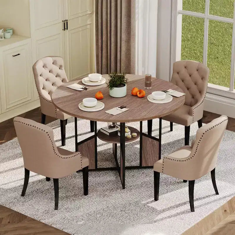59-Inch Round Farmhouse Dining Table for 46  Wood-Top Kitchen Table with Adjustable Feet, Metal Base, and Wood+Black Finish, Ideal for Dining Room