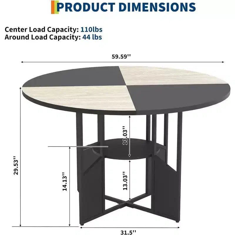 59-Inch Round Farmhouse Dining Table for 46  Wood-Top Kitchen Table with Adjustable Feet, Metal Base, and Wood+Black Finish, Ideal for Dining Room