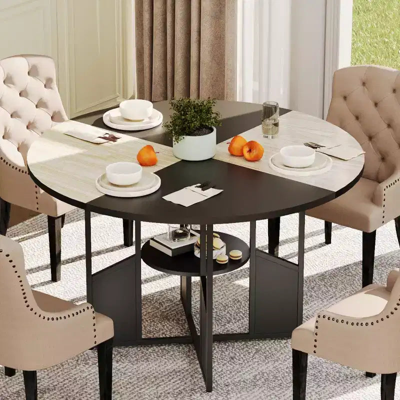 59-Inch Round Farmhouse Dining Table for 46  Wood-Top Kitchen Table with Adjustable Feet, Metal Base, and Wood+Black Finish, Ideal for Dining Room