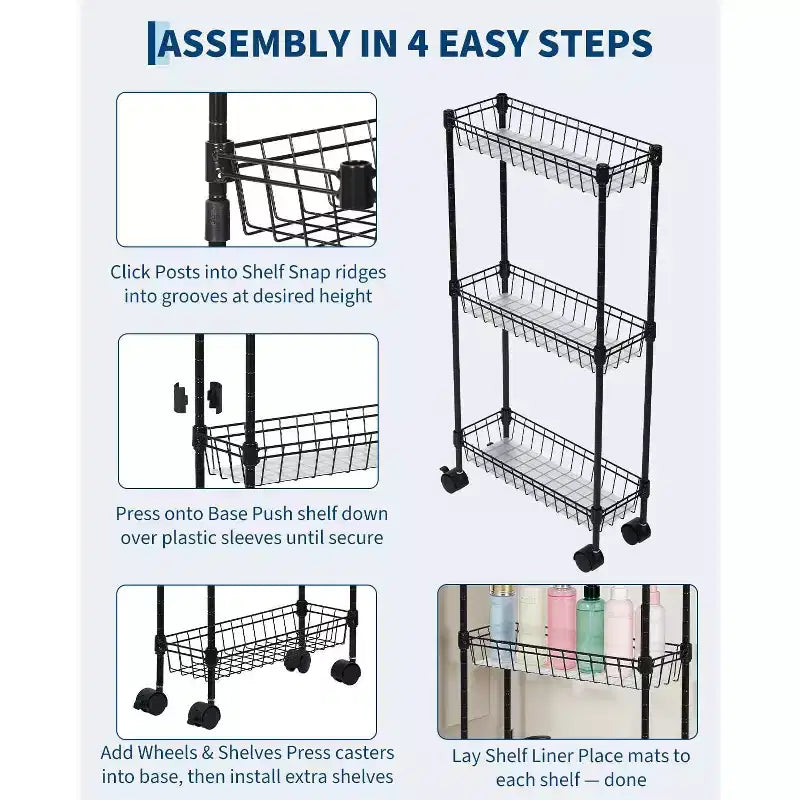 Slim Wheeled Storage Trolley, 3-Tier Metal Multi-Functional Trolley with Adjustable Shelves, Suitable for Narrow Corners
