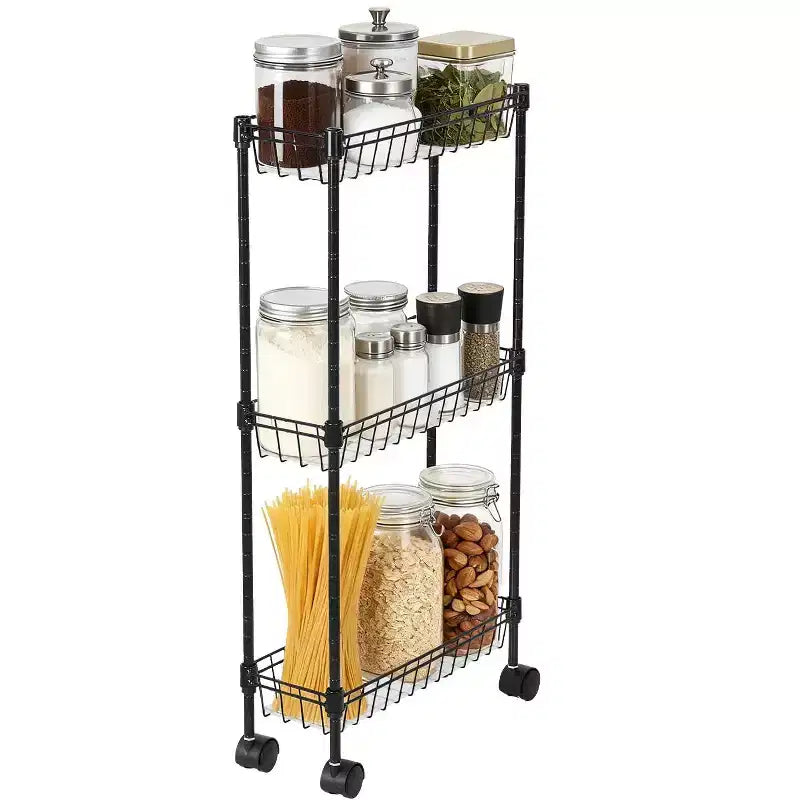Slim Wheeled Storage Trolley, 3-Tier Metal Multi-Functional Trolley with Adjustable Shelves, Suitable for Narrow Corners