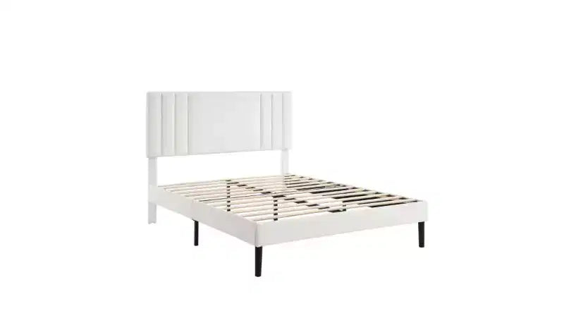 Modern King Size Platform Bed Frame with PU Upholstered Headboard & Wood Slats