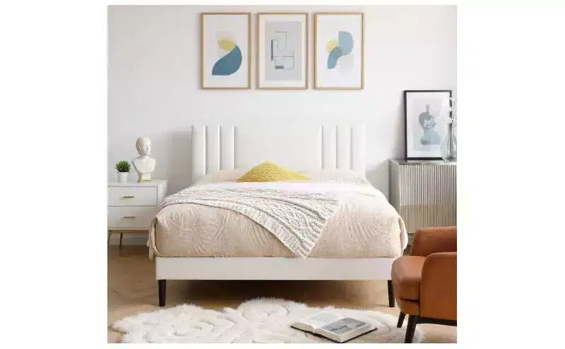 Modern King Size Platform Bed Frame with PU Upholstered Headboard & Wood Slats