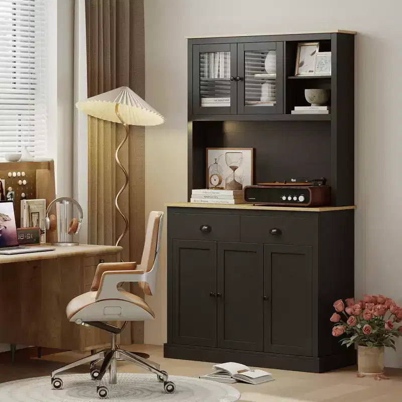 Freestanding Kitchen Pantry Cabinet with Adjustable Shelves & Wide Countertop