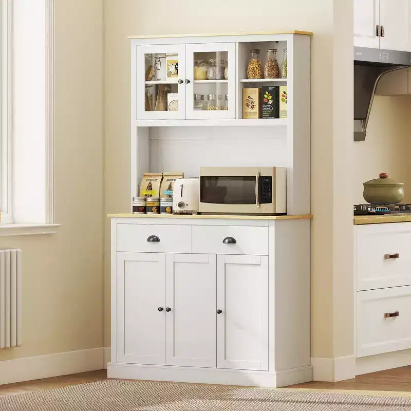 Freestanding Kitchen Pantry Cabinet with Adjustable Shelves & Wide Countertop