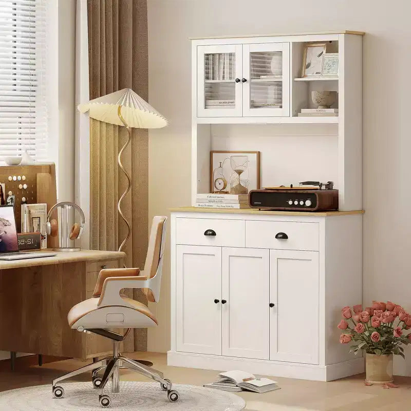 Freestanding Kitchen Pantry Cabinet with Adjustable Shelves & Wide Countertop