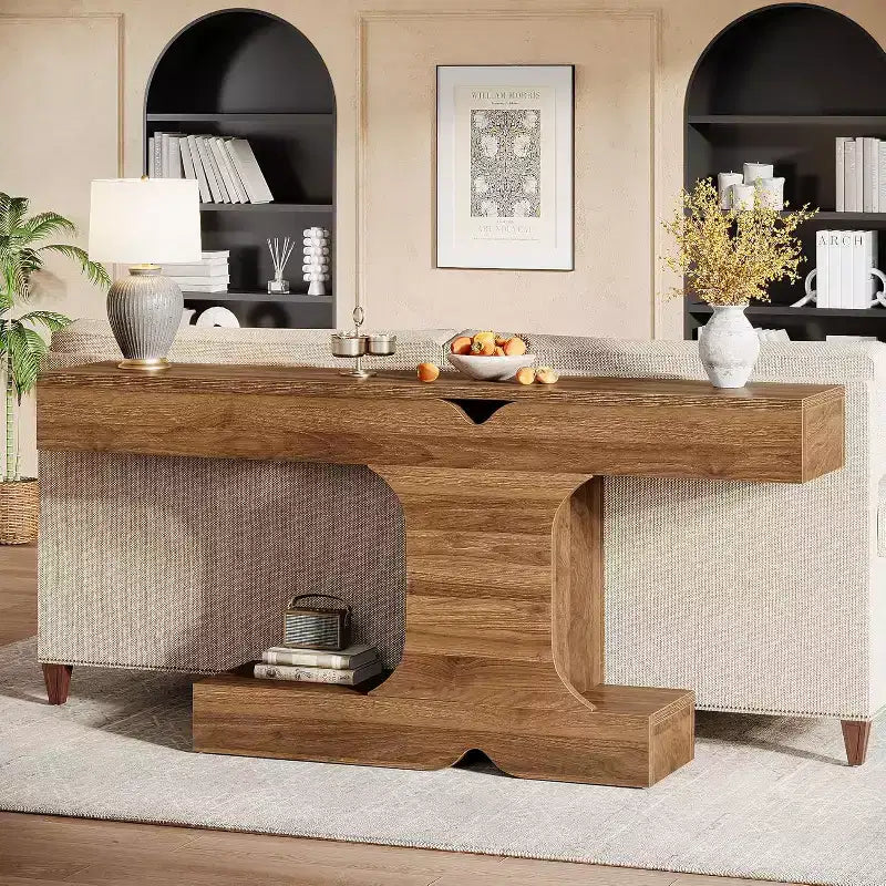 63-Inch Modern Console Table – Walnut Wood Sofa & Entryway Table