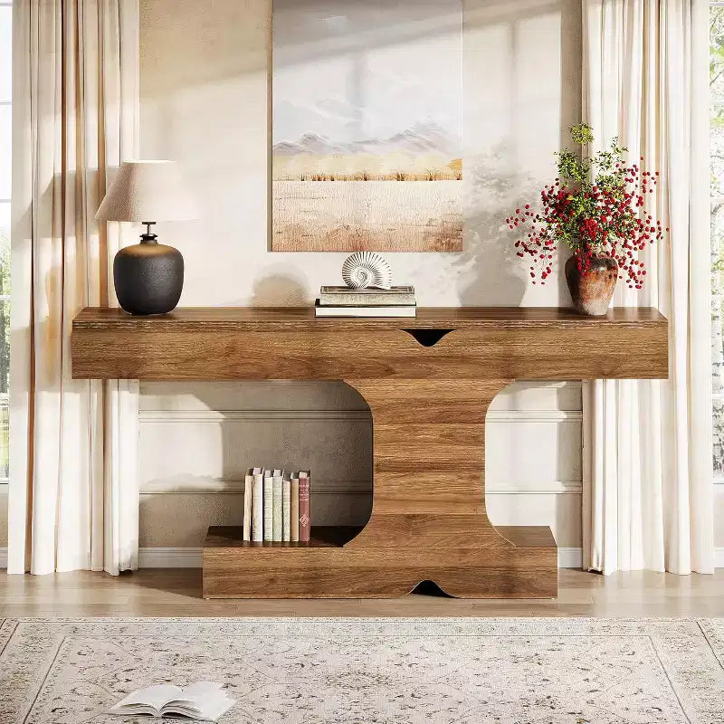 63-Inch Modern Console Table – Walnut Wood Sofa & Entryway Table