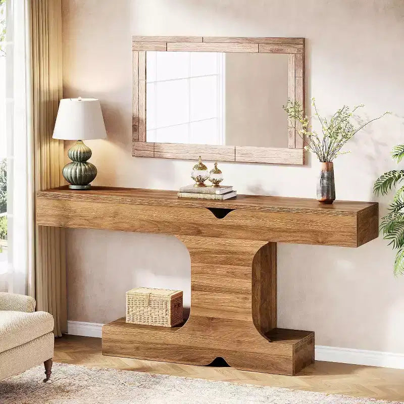 63-Inch Modern Console Table – Walnut Wood Sofa & Entryway Table