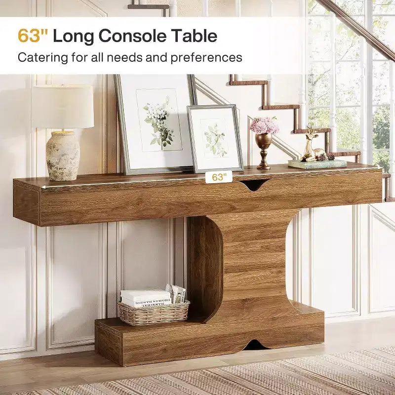 63-Inch Modern Console Table – Walnut Wood Sofa & Entryway Table