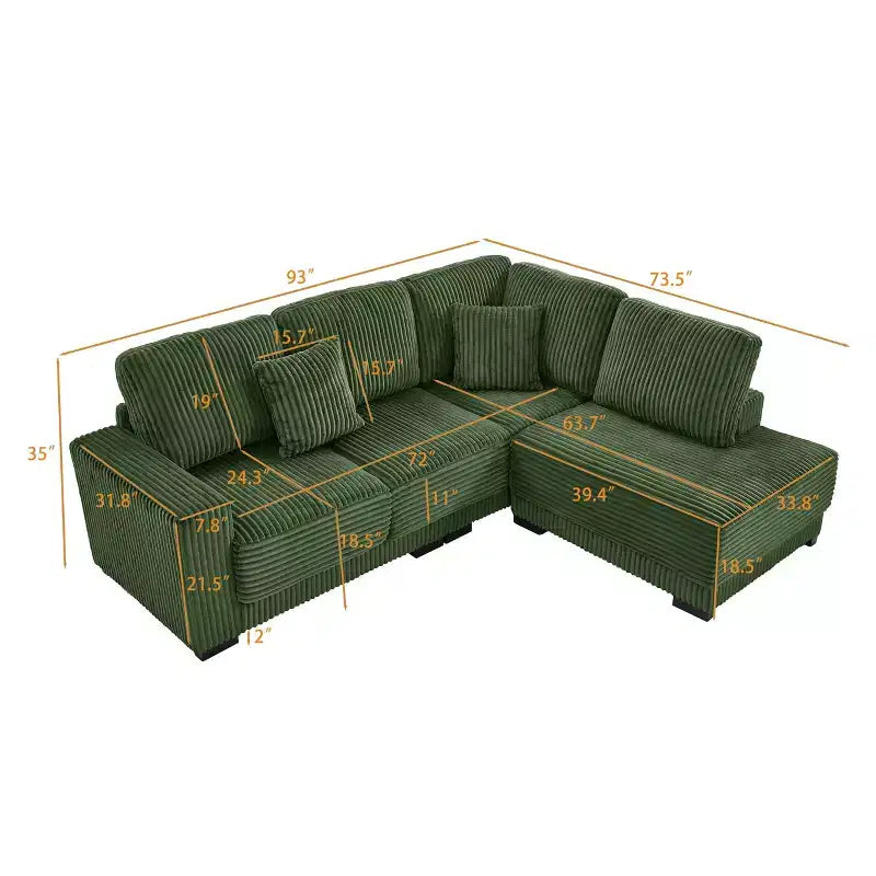93" Reversible Sectional Sofa with Chaise Lounge – Corduroy, Green