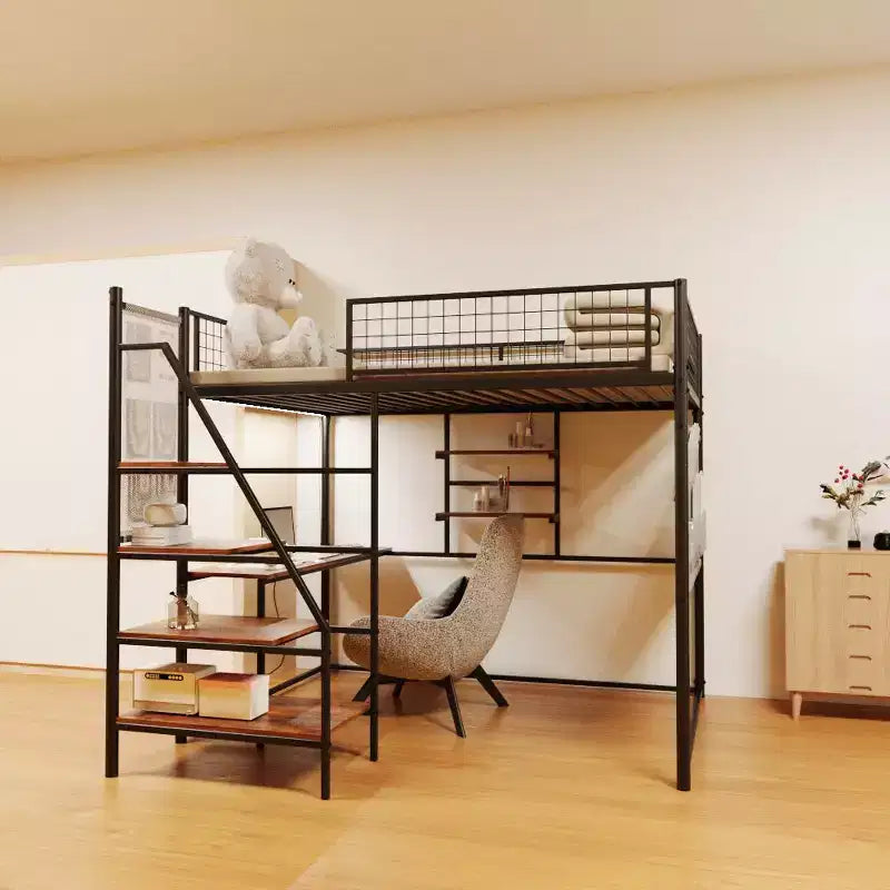Full Size Black Loft Metal Bed – Desk, LED Lights, Charging Station & Storage