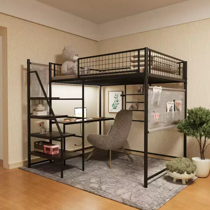 Full Size Black Loft Metal Bed – Desk, LED Lights, Charging Station & Storage