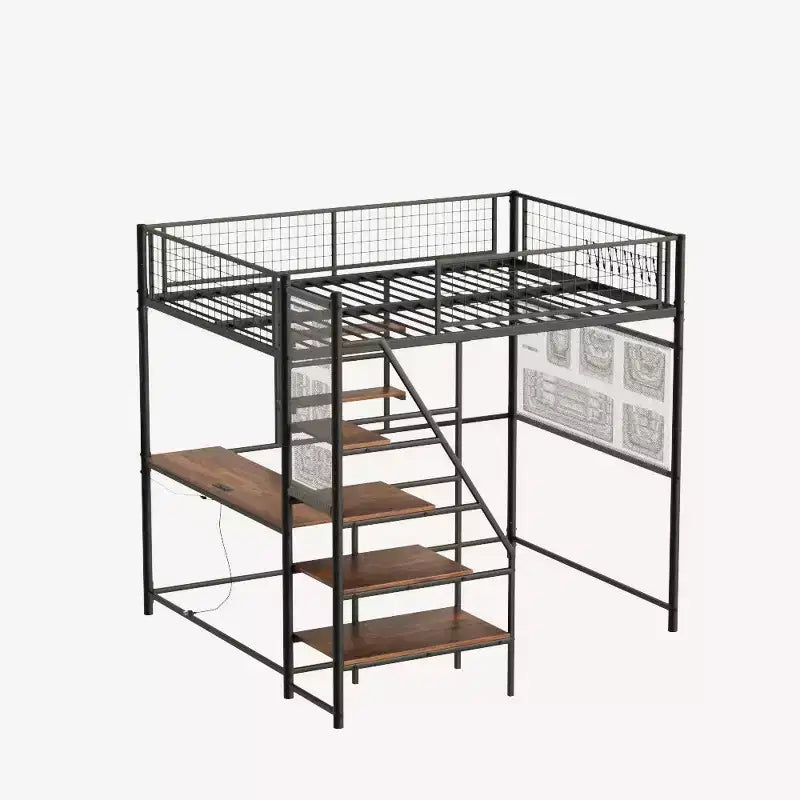 Full Size Black Loft Metal Bed – Desk, LED Lights, Charging Station & Storage