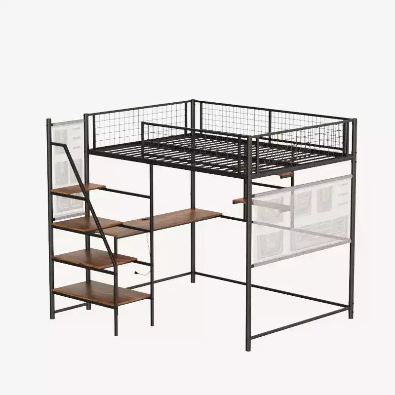 Full Size Black Loft Metal Bed – Desk, LED Lights, Charging Station & Storage