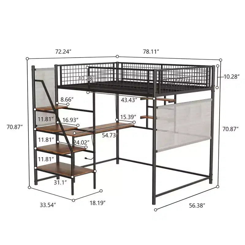 Full Size Black Loft Metal Bed – Desk, LED Lights, Charging Station & Storage