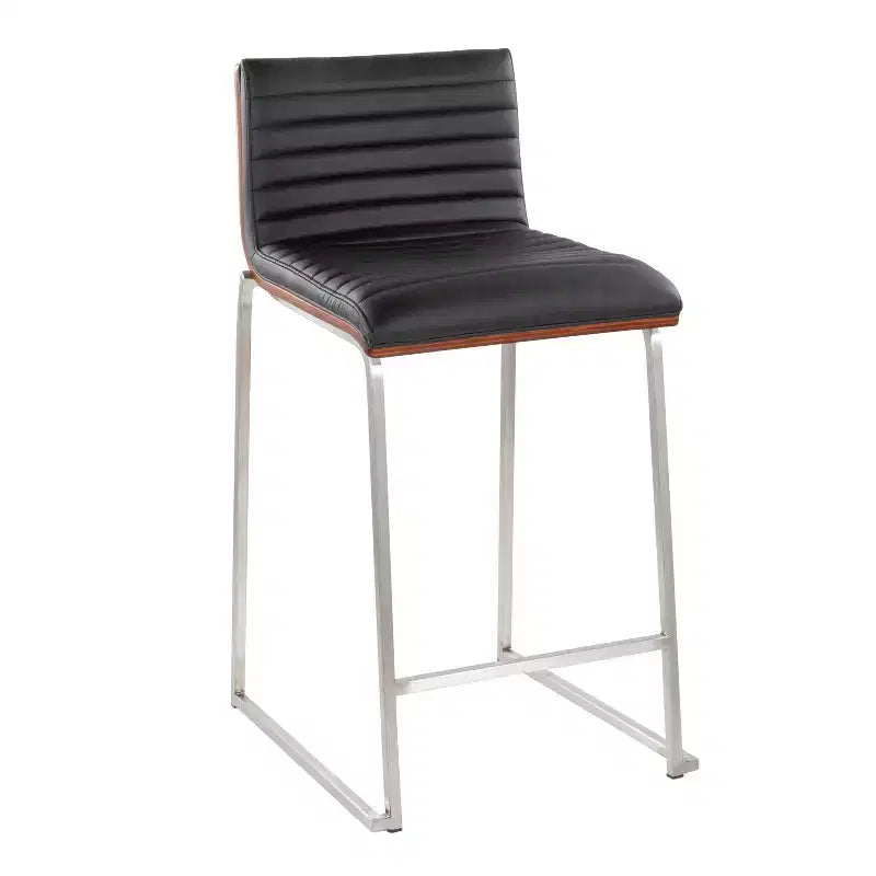 LumiSource Set of 2 26" Mason Mara Counter Height Barstools Stainless Steel Walnut Wood/Black PU Leather
