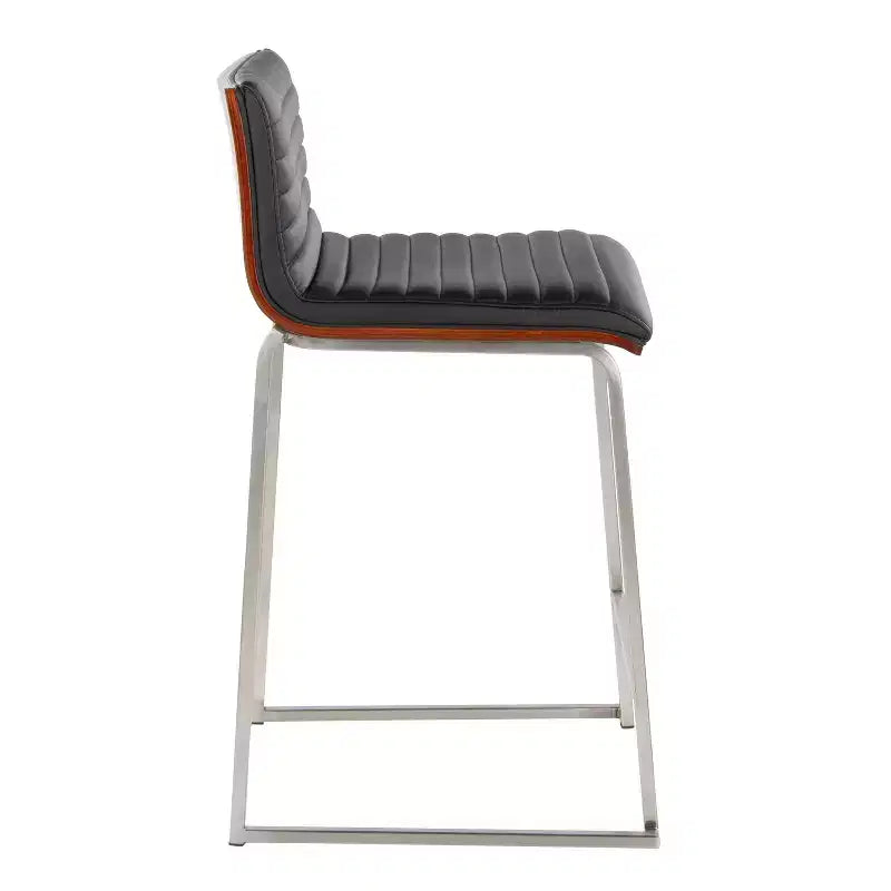 LumiSource Set of 2 26" Mason Mara Counter Height Barstools Stainless Steel Walnut Wood/Black PU Leather
