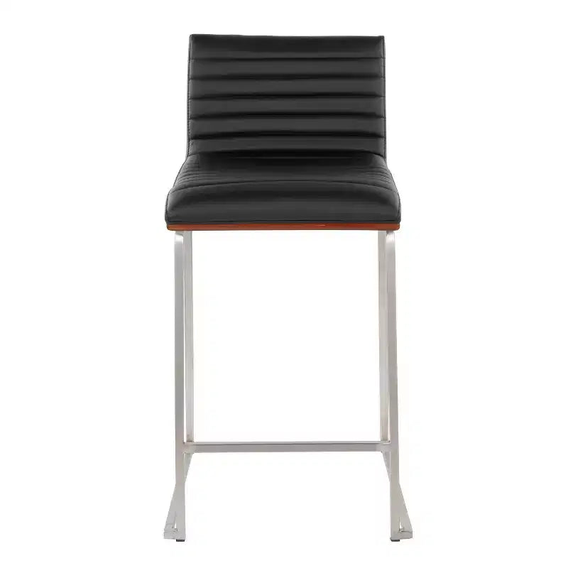 LumiSource Set of 2 26" Mason Mara Counter Height Barstools Stainless Steel Walnut Wood/Black PU Leather
