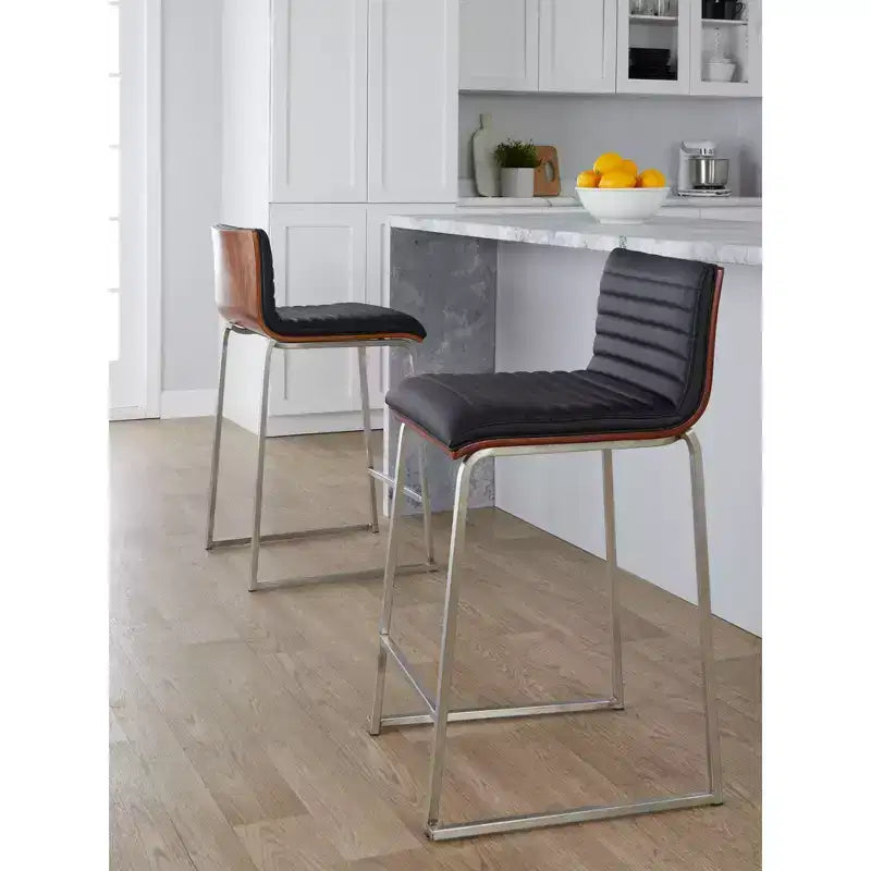 LumiSource Set of 2 26" Mason Mara Counter Height Barstools Stainless Steel Walnut Wood/Black PU Leather