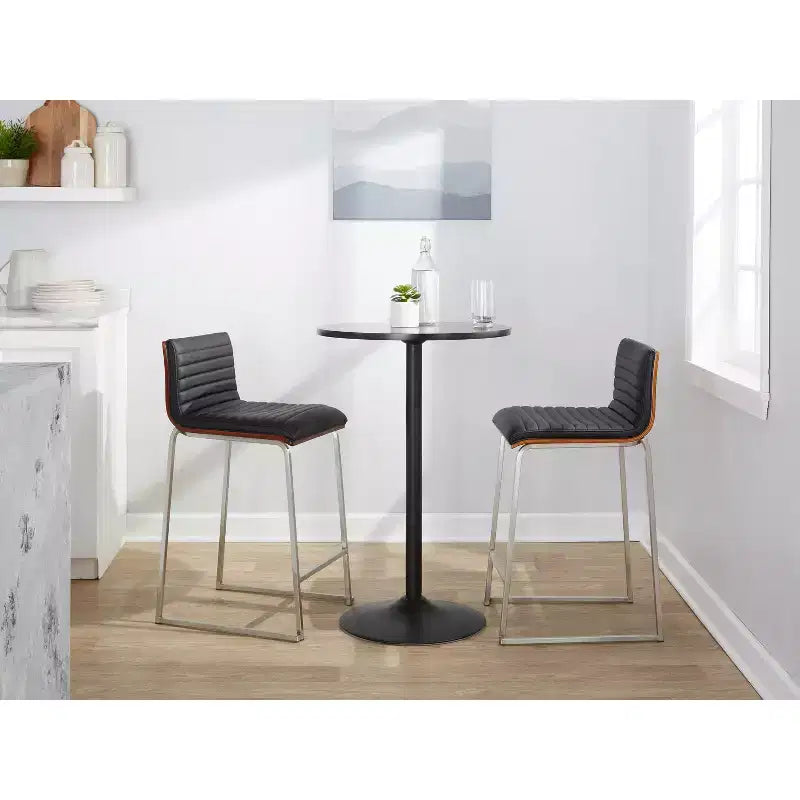 LumiSource Set of 2 26" Mason Mara Counter Height Barstools Stainless Steel Walnut Wood/Black PU Leather