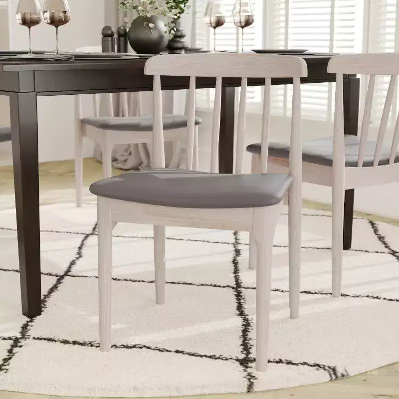 Emma and Oliver Set of 2 Solid Wood Dining Chairs with Spindle Backrests and Vinyl Seats