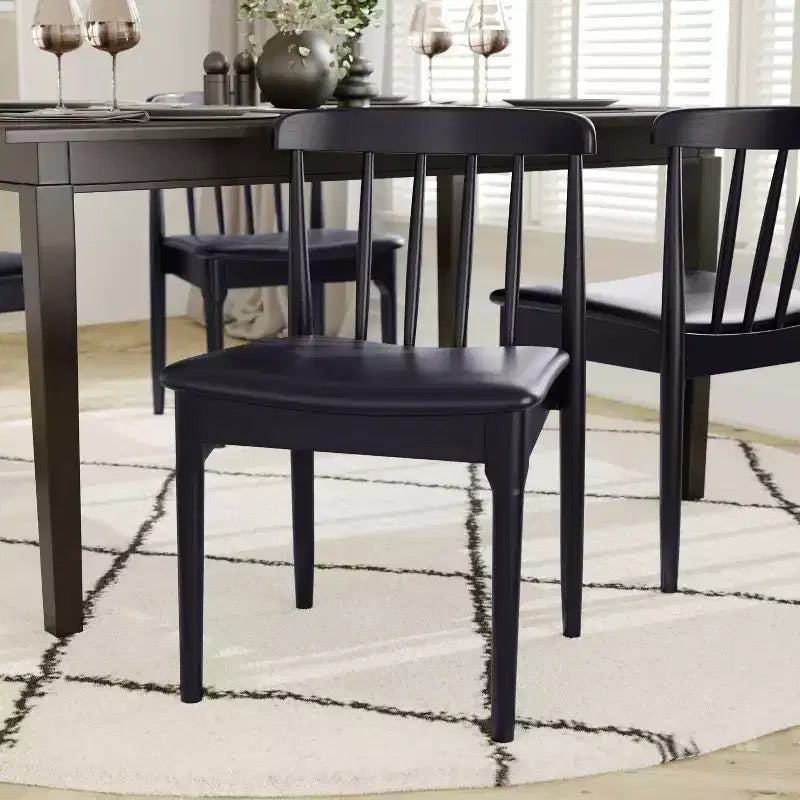 Emma and Oliver Set of 2 Solid Wood Dining Chairs with Spindle Backrests and Vinyl Seats