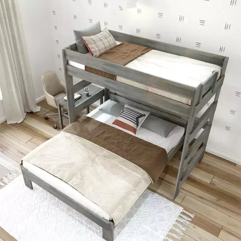 Plank+Beam Solid Wood Farmhouse Twin over Queen L-Shaped Bunk Bed Bed with Desk
