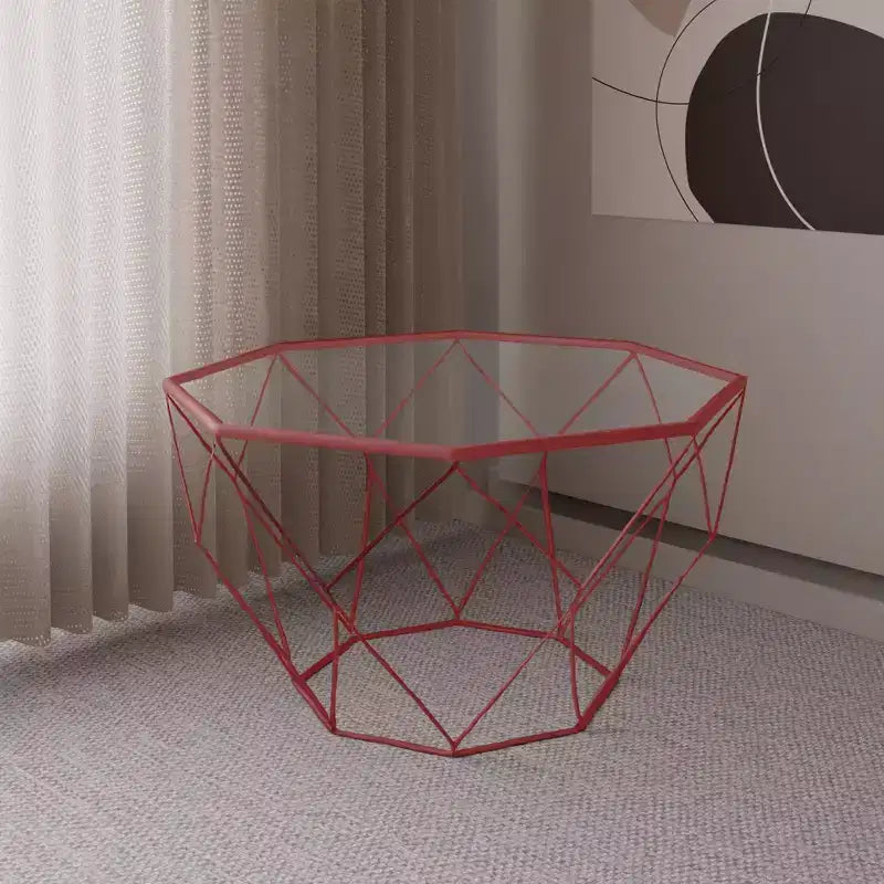 LeisureMod Malibu Modern 31 Octagon Coffee Table with Glass Top and Geometric Wire Frame for Living Room or Small Spaces