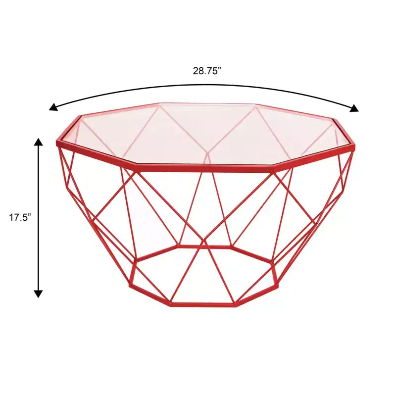 LeisureMod Malibu Modern 31 Octagon Coffee Table with Glass Top and Geometric Wire Frame for Living Room or Small Spaces