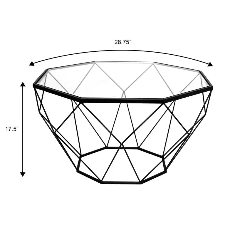 LeisureMod Malibu Modern 31 Octagon Coffee Table with Glass Top and Geometric Wire Frame for Living Room or Small Spaces