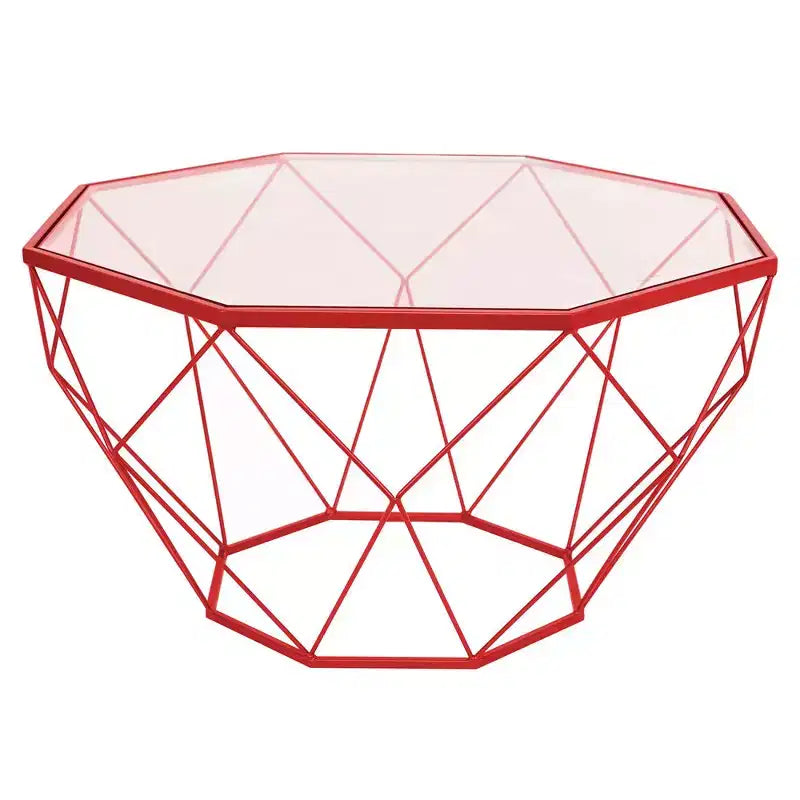 LeisureMod Malibu Modern 31 Octagon Coffee Table with Glass Top and Geometric Wire Frame for Living Room or Small Spaces