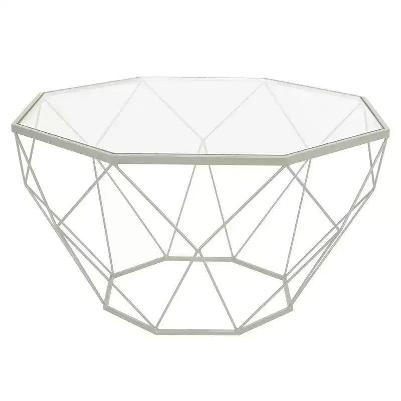 LeisureMod Malibu Modern 31 Octagon Coffee Table with Glass Top and Geometric Wire Frame for Living Room or Small Spaces